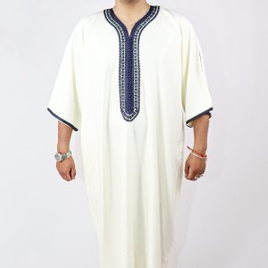 Gandoura gabardine, Creamy White with Dark Blue Motif